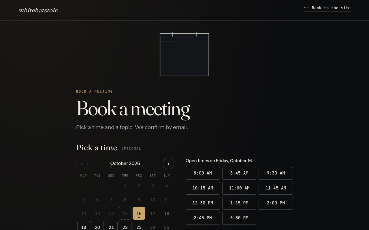 whitehatstoic booking page with a calendar and open times for booking a meeting