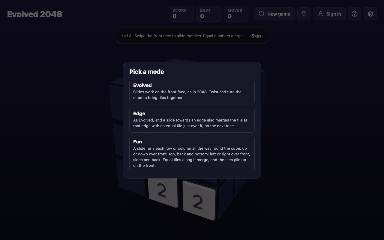 The Pick a mode box in Evolved 2048 listing Evolved, Edge and Fun with a line about each