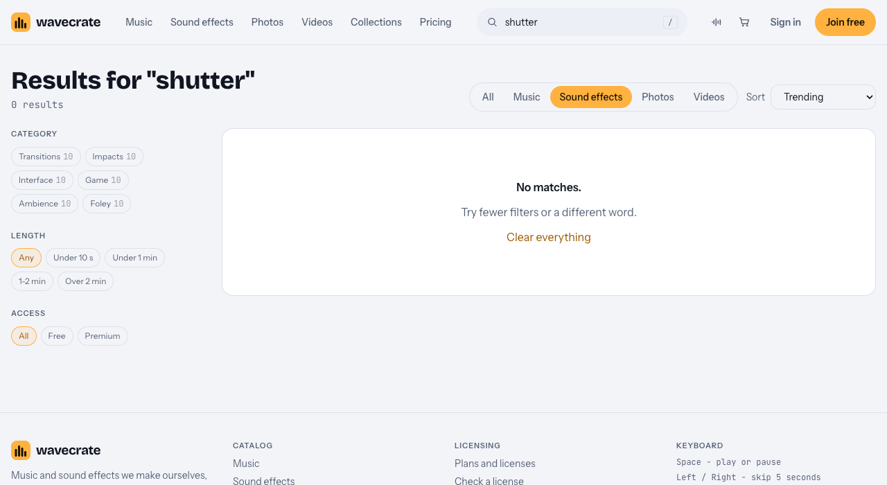Wavecrate sound effects search for shutter showing no matches
