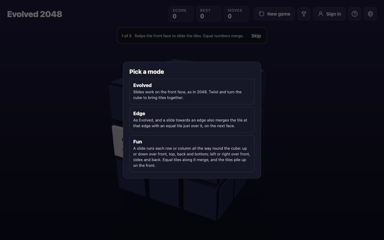 The Pick a mode box in Evolved 2048 listing Evolved, Edge and Fun with a line about each