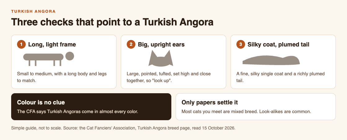 Diagram of three checks for a Turkish Angora: a long light frame, big upright ears, and a silky coat with a plumed tail
