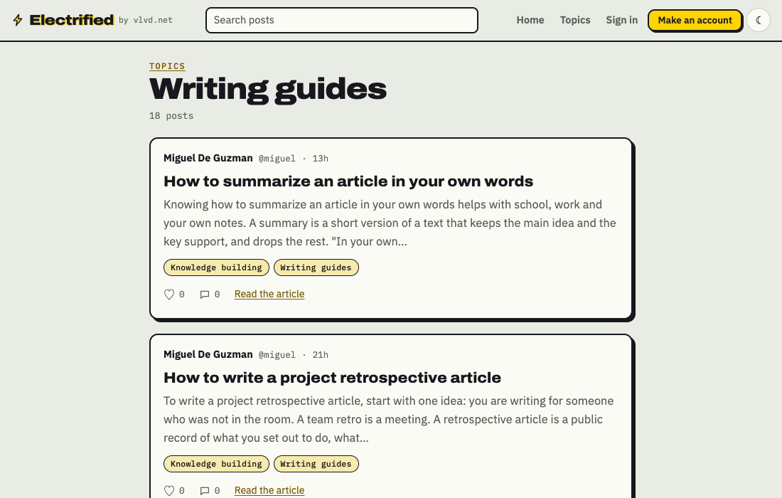 The live Writing guides topic page on Electrified, listing post titles one under another