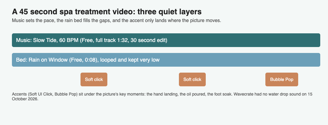 A diagram of a 45 second spa video showing three layers: Slow Tide music, a Rain on Window bed and three small accents