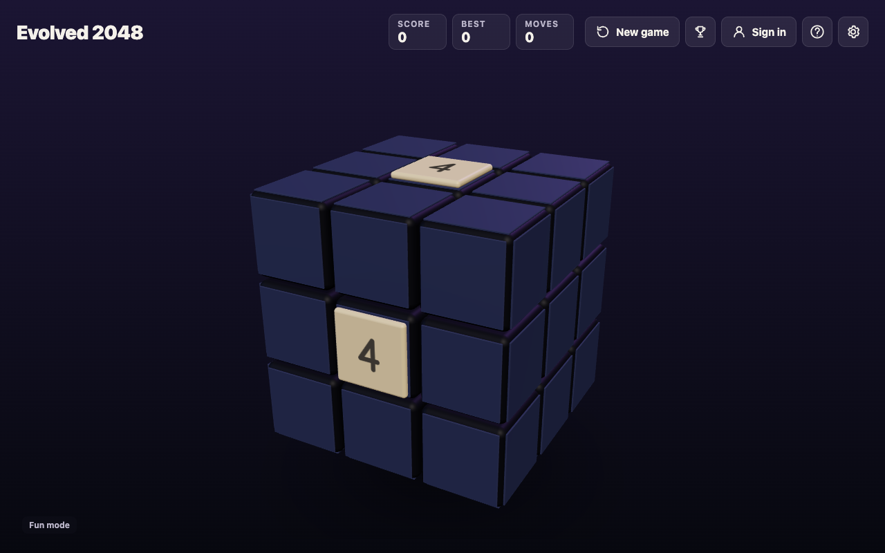 Evolved 2048 in Fun mode with a 4 on the front face and a 4 on the top face before a slide up