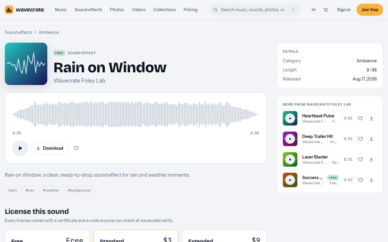 The Rain on Window page on Wavecrate, a free eight second ambience sound effect with a waveform and a Download button