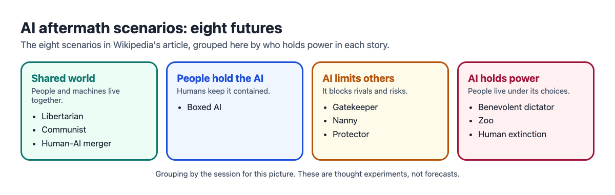 Diagram grouping eight AI aftermath scenarios by who holds power in each story
