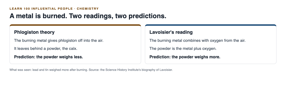 Two cards comparing phlogiston theory, which predicts a lighter powder, with Lavoisier's reading, which predicts a heavier one