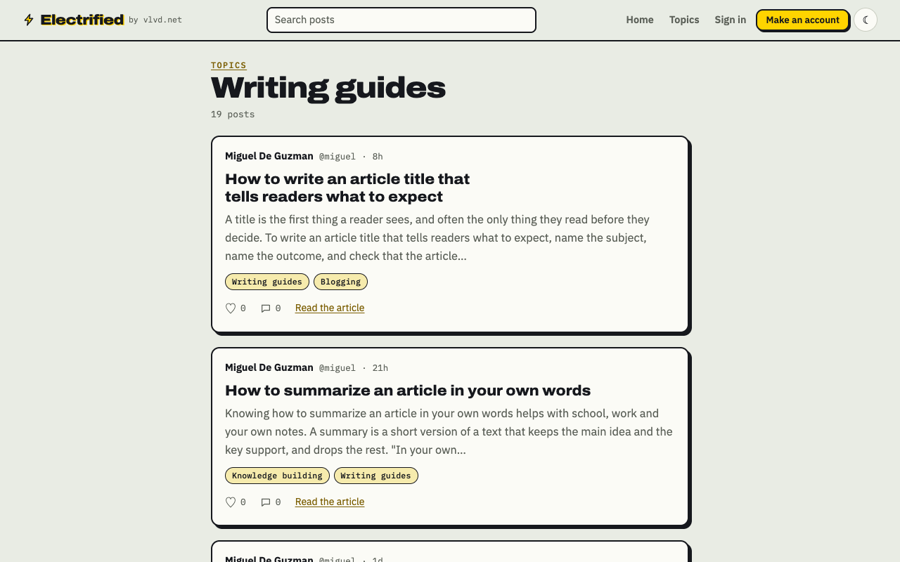 Electrified's Writing guides topic page with a list of article titles