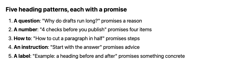 Diagram of five heading patterns: a question, a number, how to, an instruction and a label, each with the promise it makes