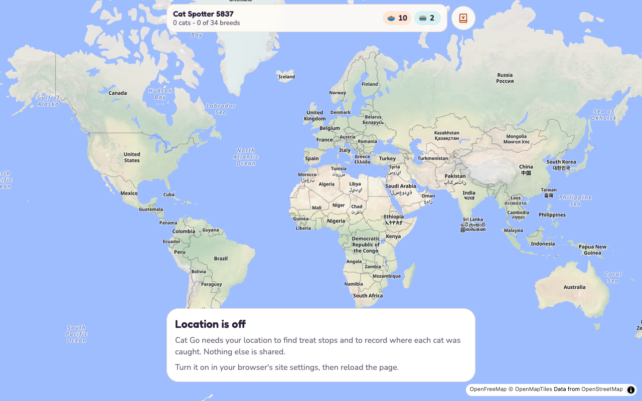Cat Go home screen showing a world map, the player bar counting cats and breeds out of 34, and the Location is off card