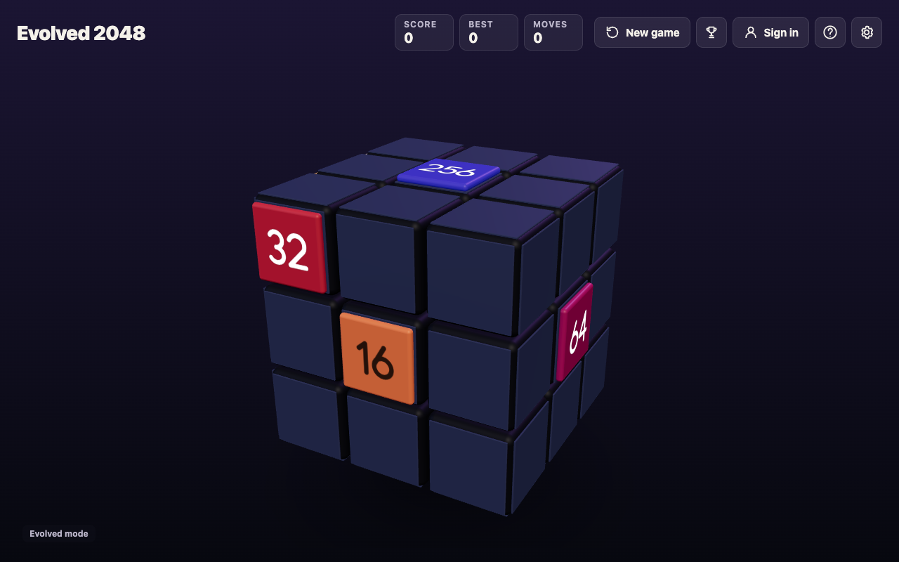 The same cube after Shift and Left, with the 32 and the 16 now on the front face and Moves still at 0