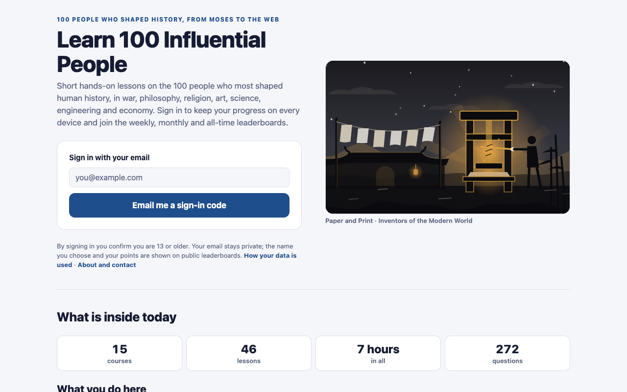 Home page of Learn 100 Influential People with the email sign-in box and the counts of courses, lessons and questions