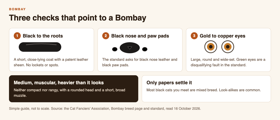 Diagram of three checks for a Bombay: black coat to the roots, black nose and paw pads, and gold to copper eyes