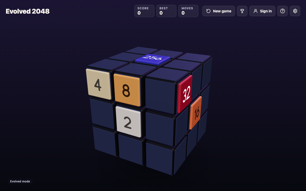 The cube before a turn, with a 4, an 8 and a 2 on the front face and a 32 and a 16 on the right face