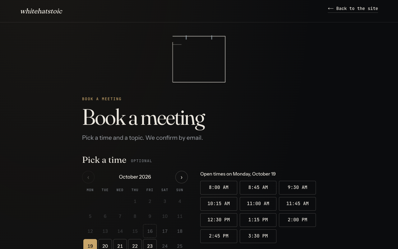 whitehatstoic booking page with a calendar and open times to pick a meeting