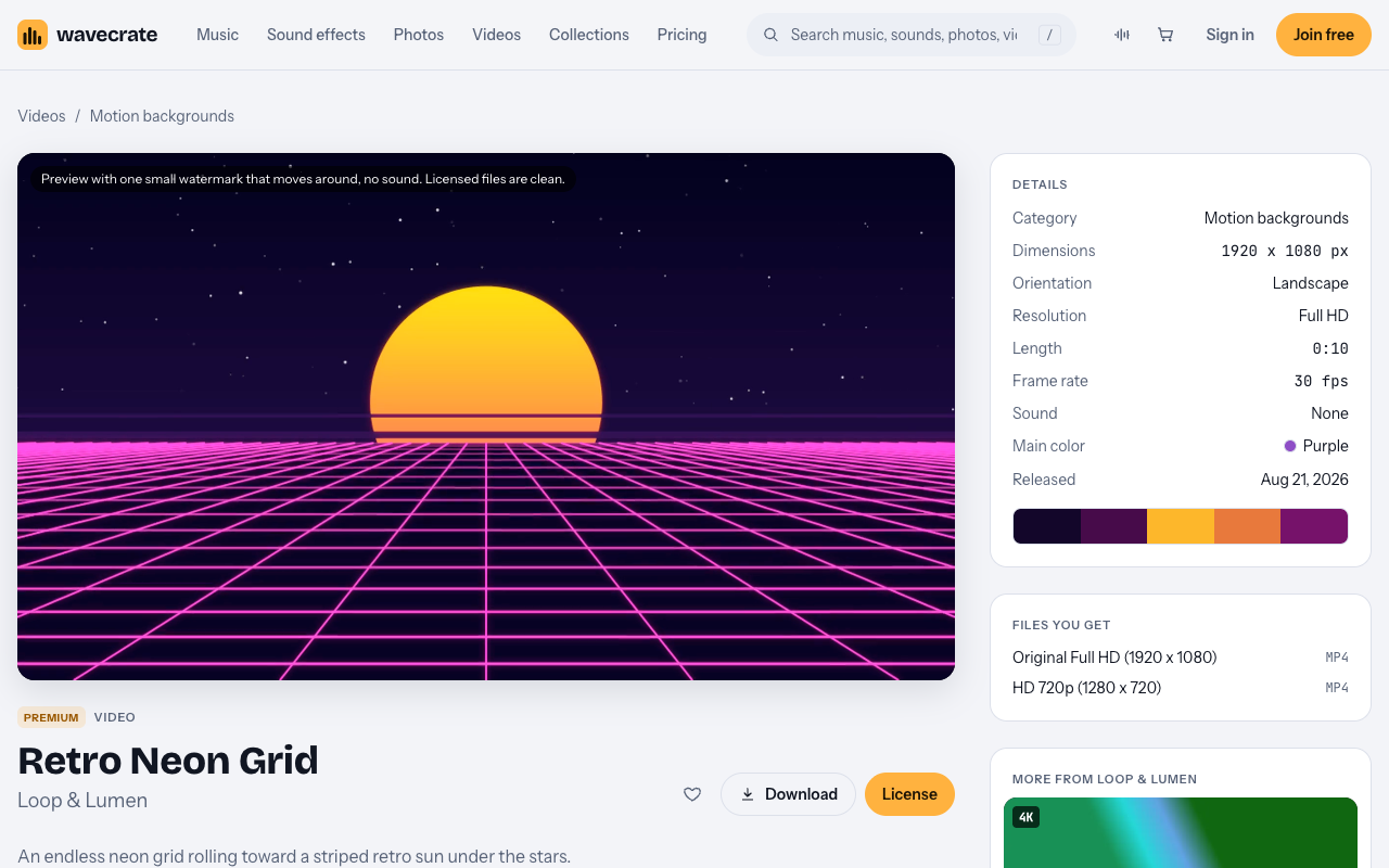 The Retro Neon Grid page on Wavecrate, a ten second neon grid loop with a striped retro sun, with its details and files