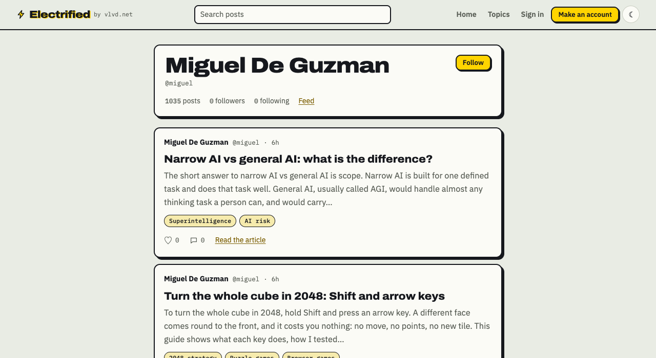 A writer page on Electrified with a name, handle, Follow button, feed link and a list of posts
