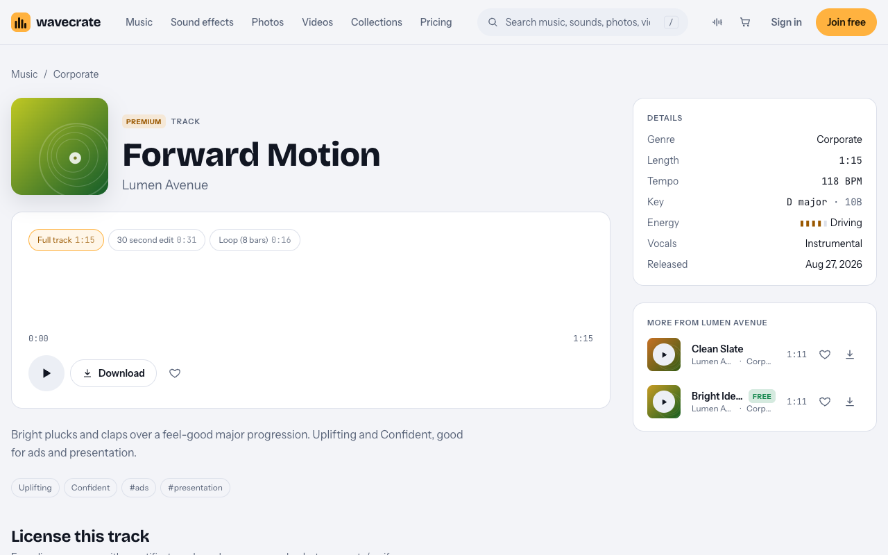 Forward Motion track page on Wavecrate showing its versions, mood tags and the Standard and Extended license cards