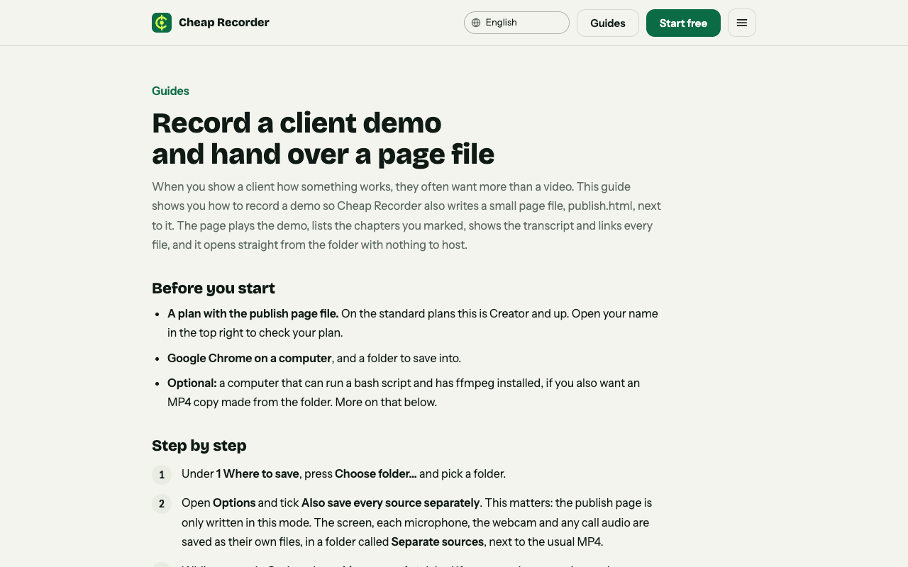 The Cheap Recorder client demo guide page, with its Before you start list and step by step section