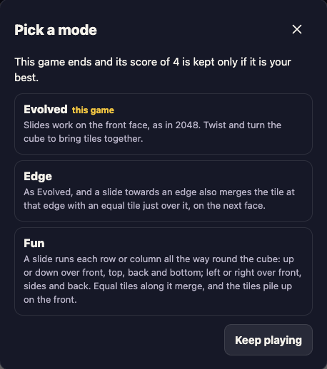 The Pick a mode box in the middle of a game, with the score line, a this game tag on Evolved and a Keep playing button