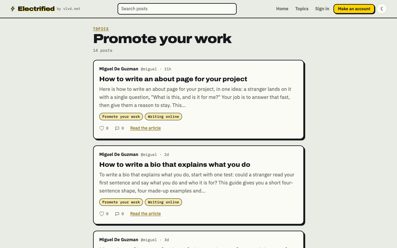 The Promote your work topic page on Electrified, listing posts about promoting your own work