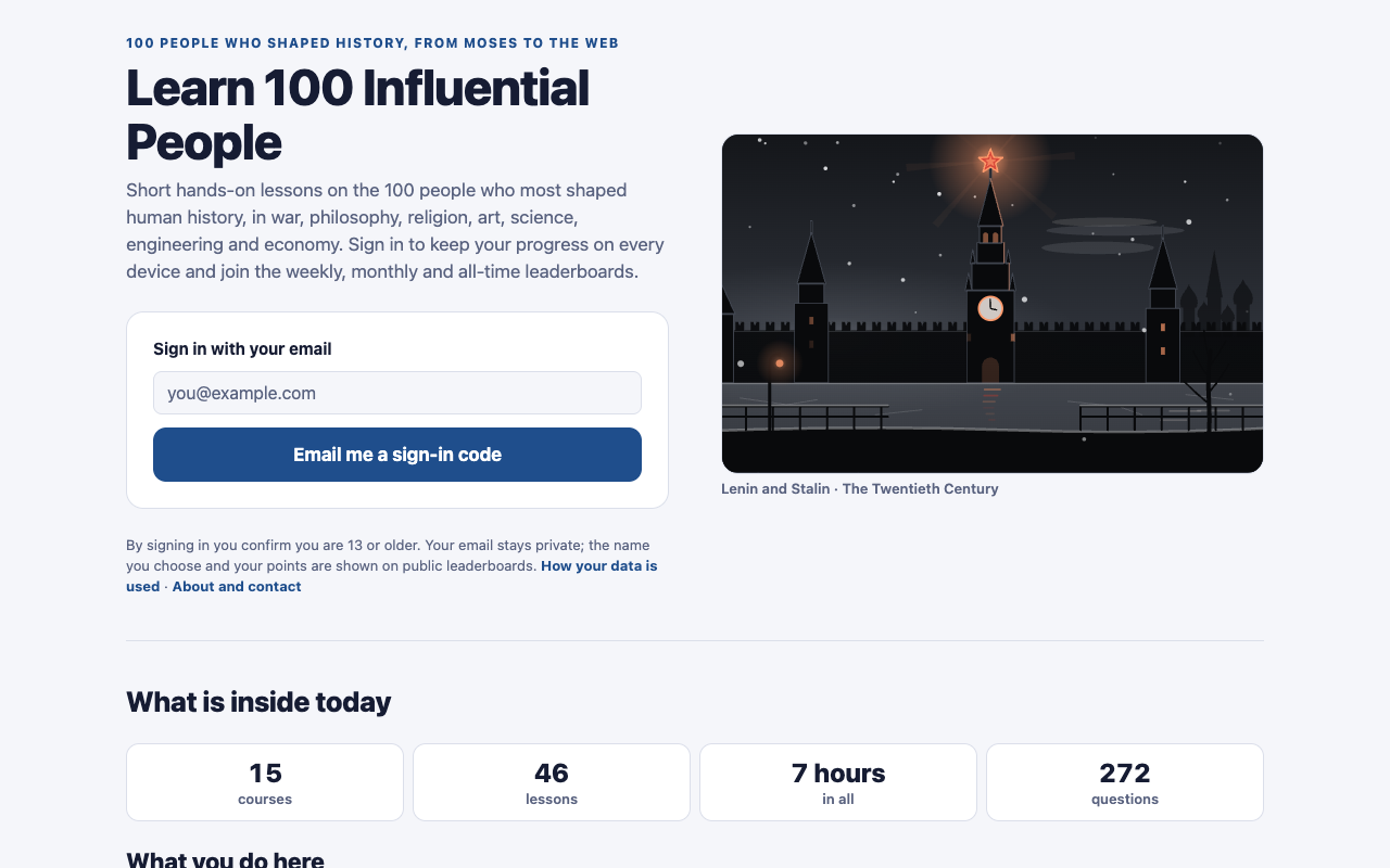 Home page of Learn 100 Influential People with the email sign-in box and the counts of courses, lessons and questions