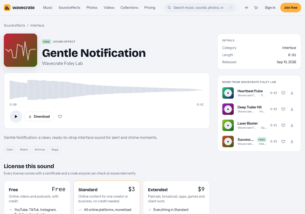 Gentle Notification page on Wavecrate with its waveform, Free label and the start of its license cards