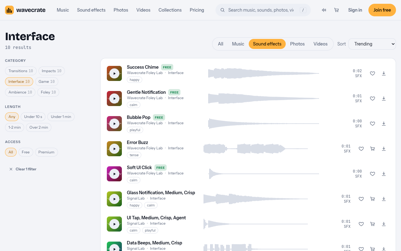 Wavecrate interface sounds list showing Success Chime, Gentle Notification and Glass Notification