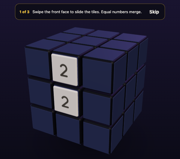 The first card, 1 of 3, above a cube with two 2 tiles on its front face