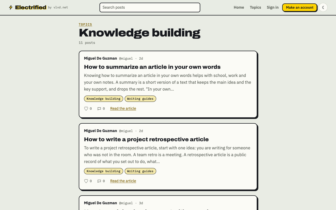 The Knowledge building topic page on Electrified, listing posts filed under that topic