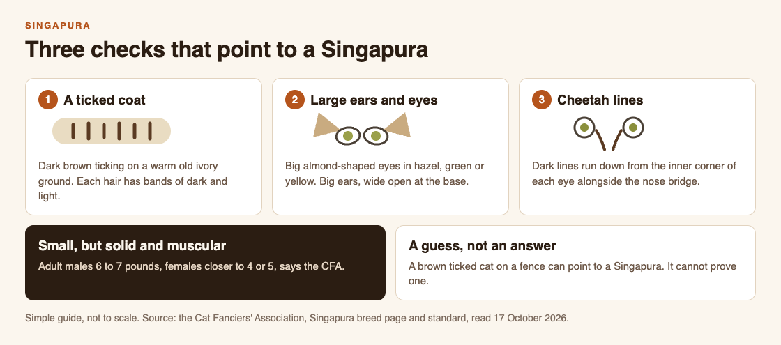 Diagram of three checks for a Singapura: a ticked coat, large ears and eyes, and cheetah lines beside the nose