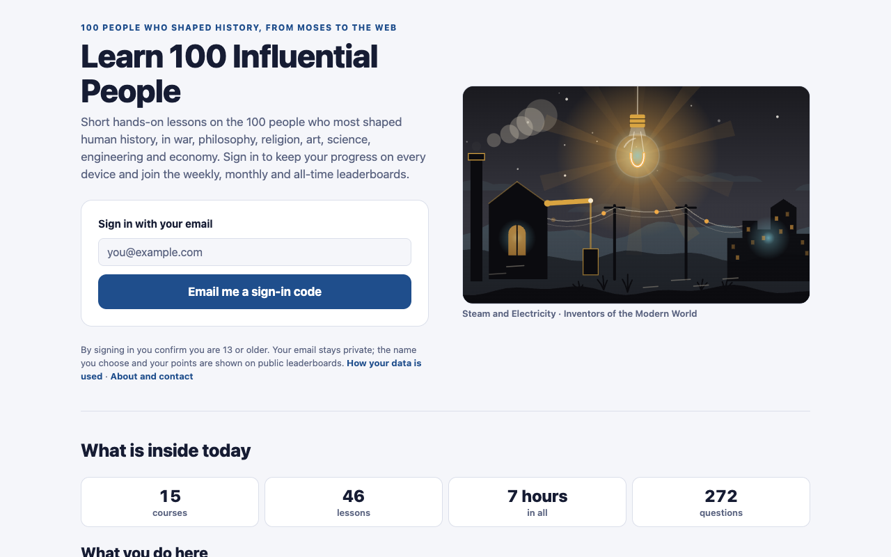 Home page of Learn 100 Influential People with the email sign-in box and the counts of courses, lessons and questions