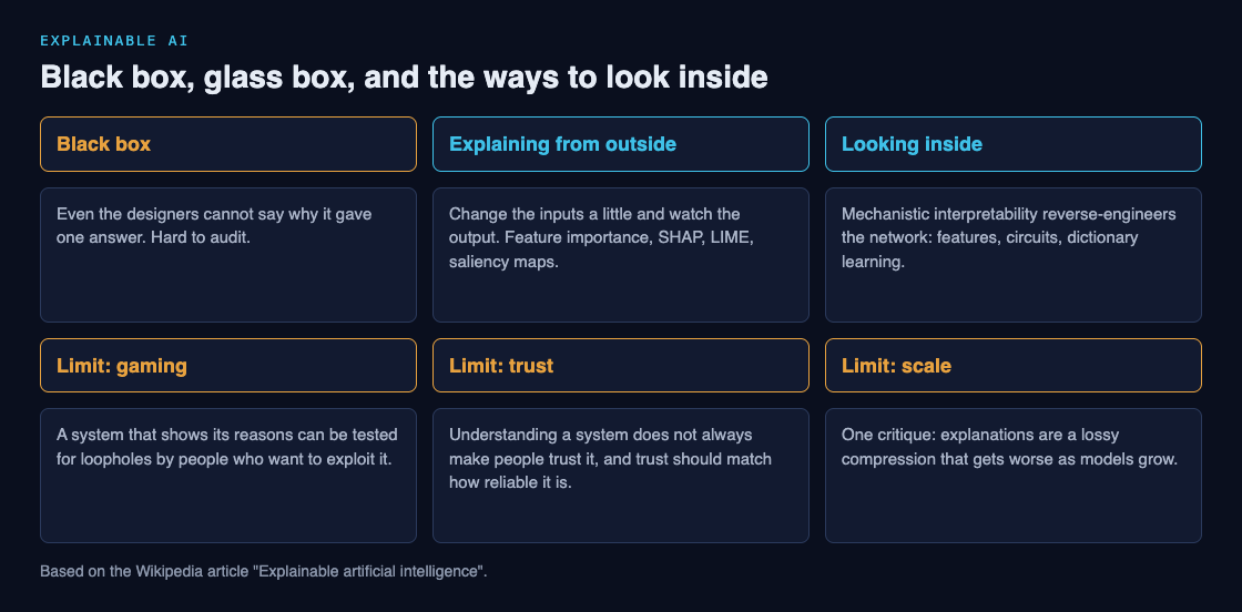 Diagram of a black box AI, two ways to explain it from outside and inside, and three limits of explanations