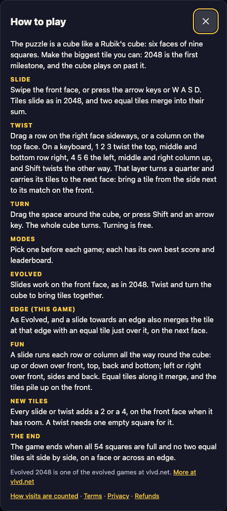 The Evolved 2048 How to play box in Edge mode, listing Slide, Twist, Turn, Modes, Evolved, Edge, Fun, New tiles and The end