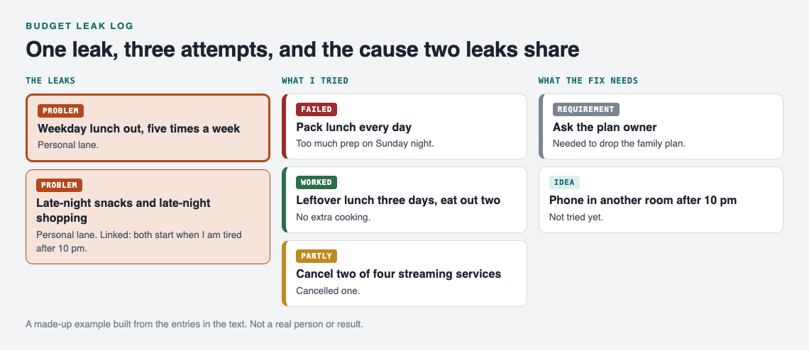 A made-up budget leak log drawn as a map: two leaks, three attempts marked failed, worked and partly, and what each fix needs