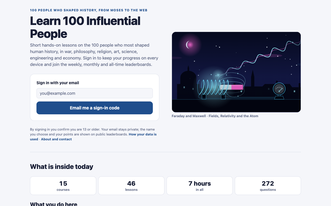 Home page of Learn 100 Influential People with the email sign-in box and the counts of courses, lessons and questions