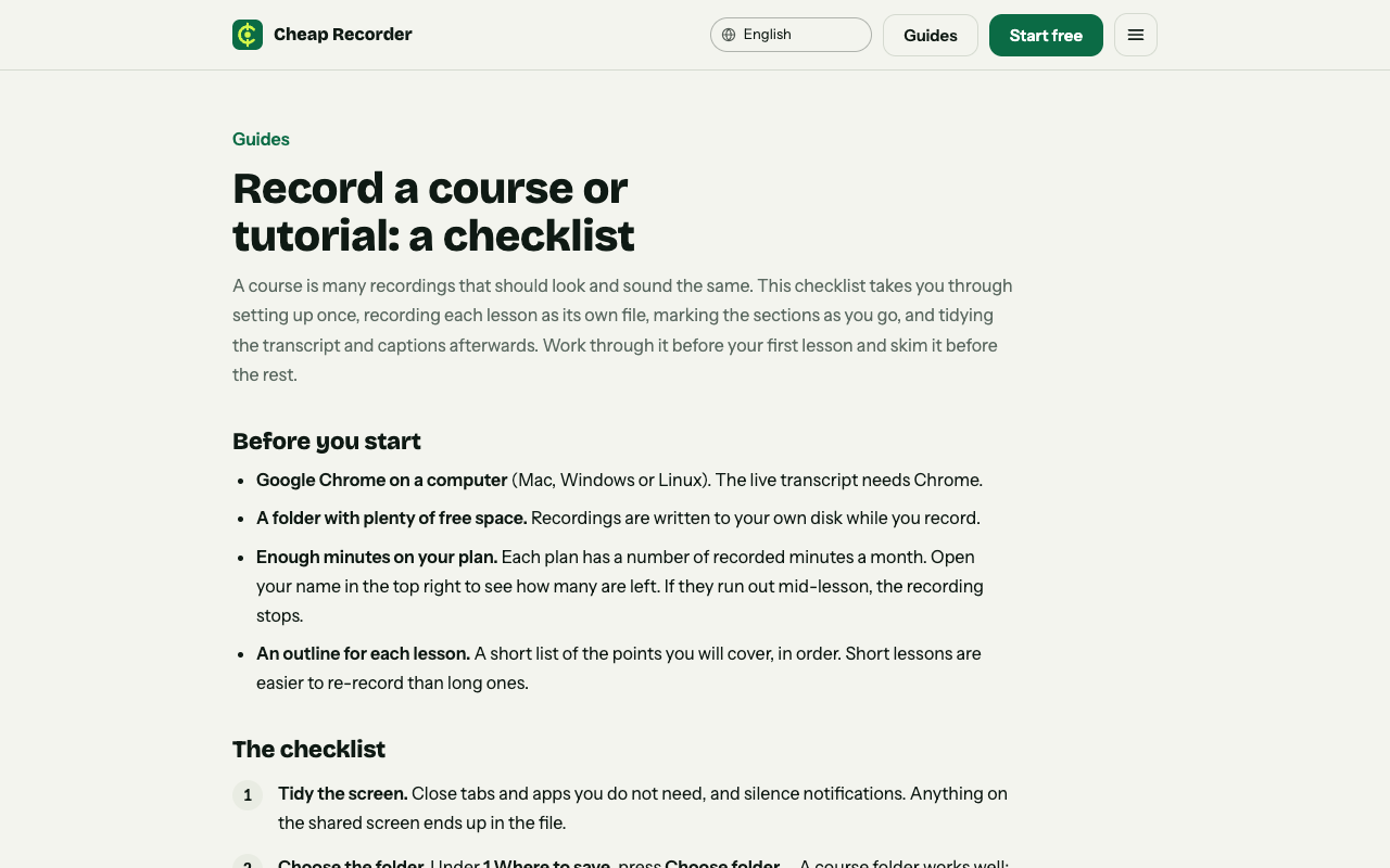 Cheap Recorder guide page on recording a course or tutorial, with advice on naming lessons in order