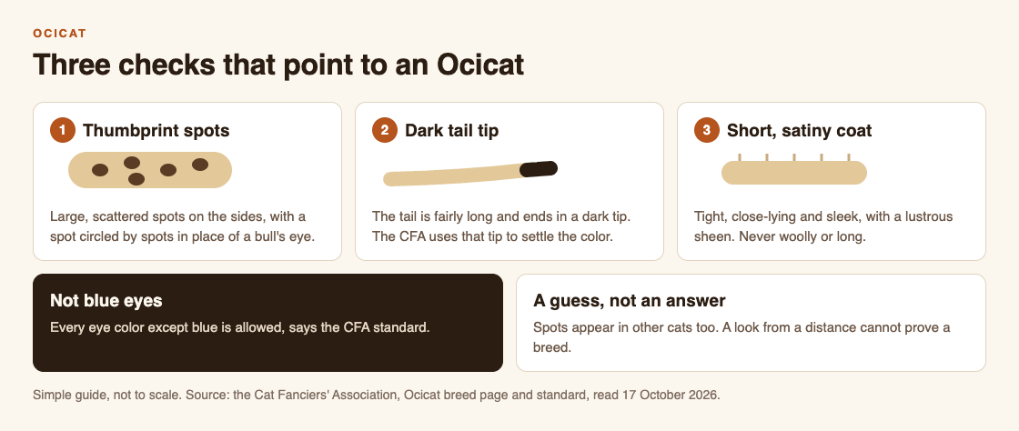 Diagram of three checks for an Ocicat: large thumbprint spots, a dark tail tip, and a short satiny coat