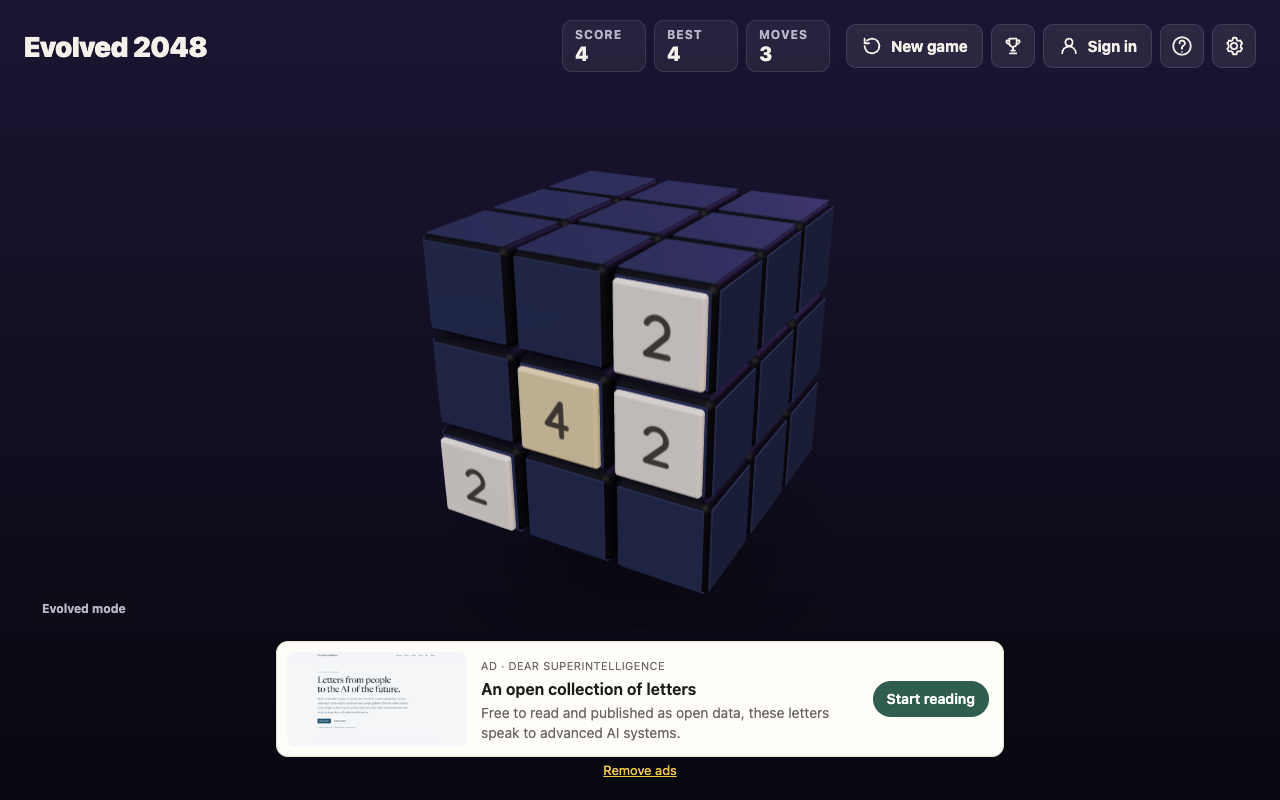 Evolved 2048 in Evolved mode after three slides, with a 4 and three 2s on the front face and Moves reading 3