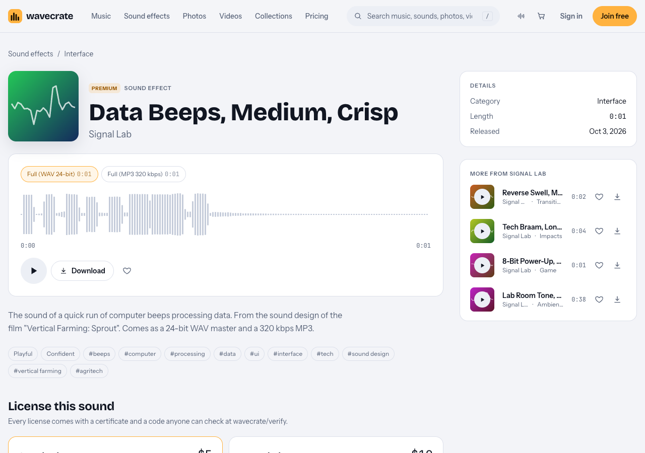 Wavecrate page for the Data Beeps, Medium, Crisp sound effect with its waveform and Premium label