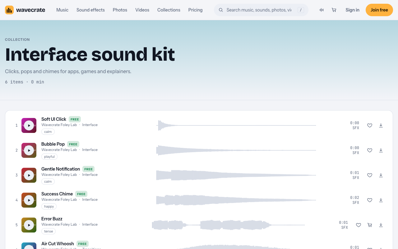 Wavecrate Interface sound kit collection page listing six short interface sounds with Free labels