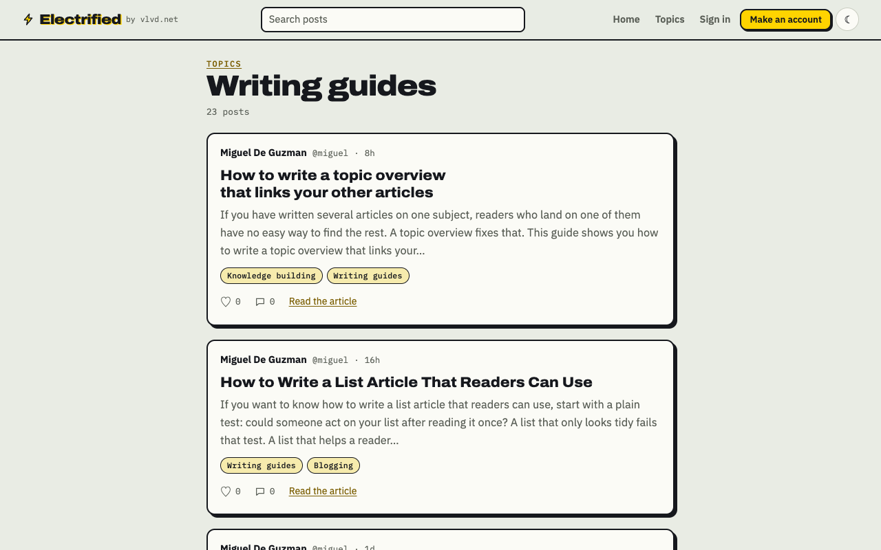Electrified writing guides topic page listing published guides, newest first
