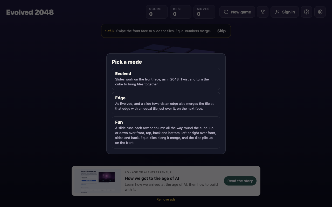 The Pick a mode box in Evolved 2048 listing Evolved, Edge and Fun with a line about each