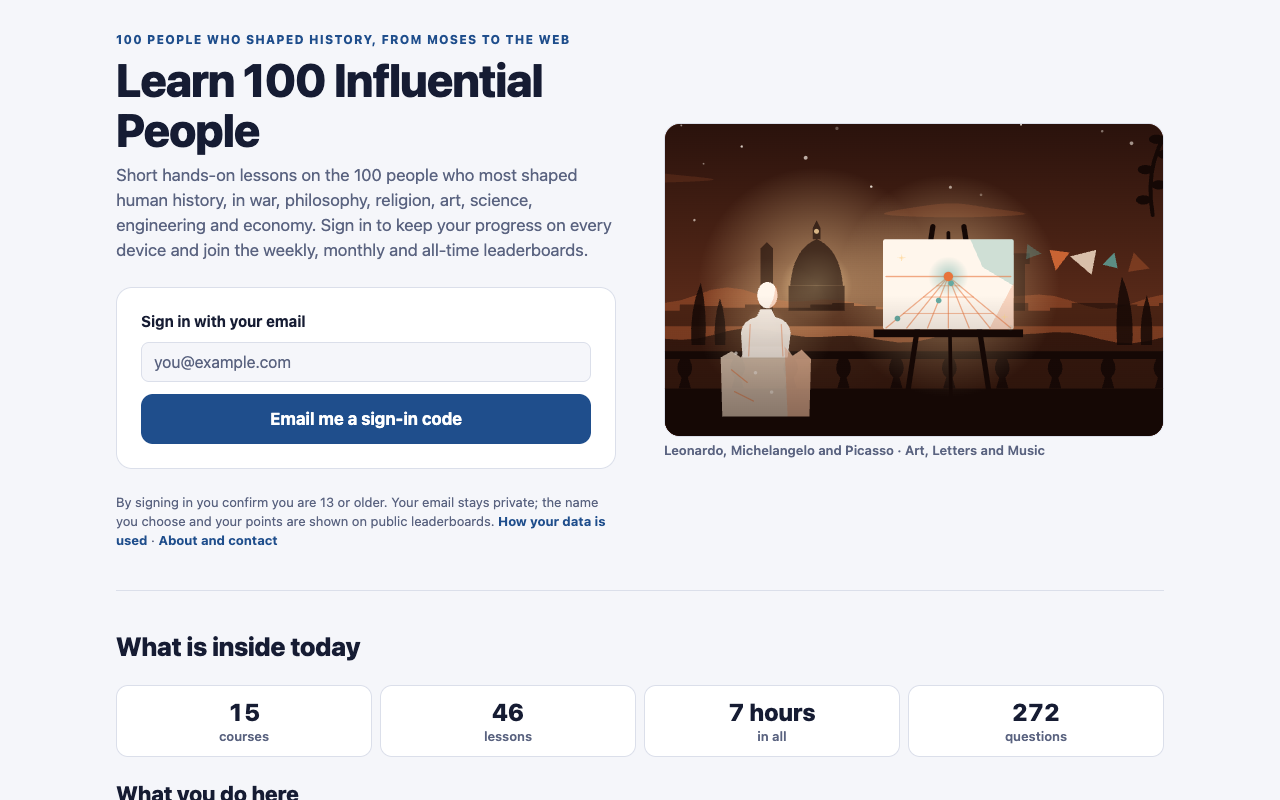 Home page of Learn 100 Influential People with the email sign-in box and the counts of courses, lessons and questions