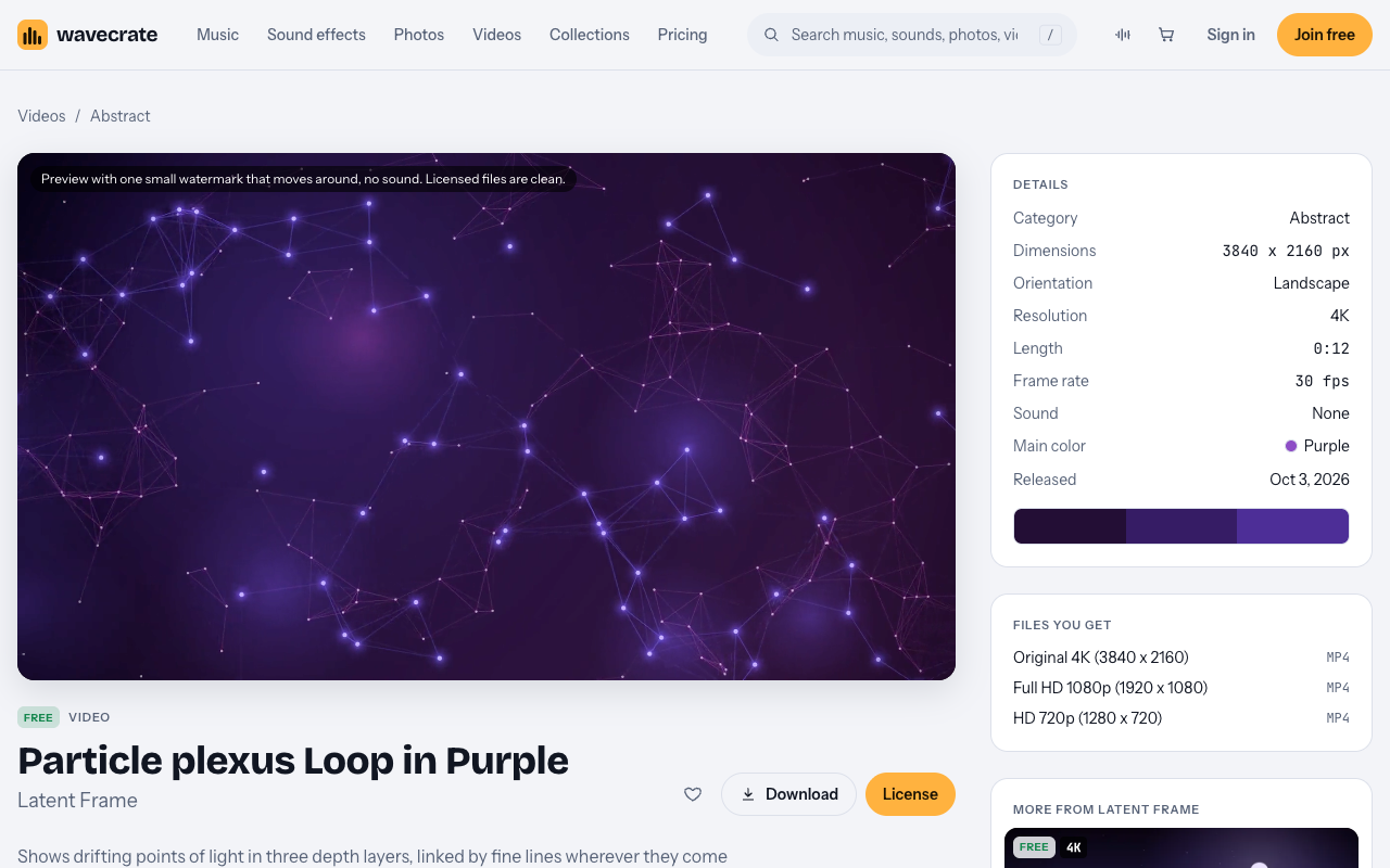 Wavecrate item page for the Particle plexus Loop in Purple, a Free 4K abstract video with purple linked points of light