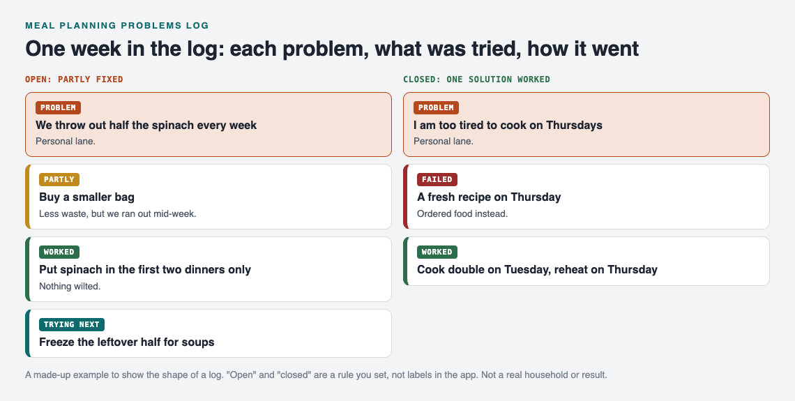 Diagram of one week in a meal planning problems log, with two problems and the solutions tried