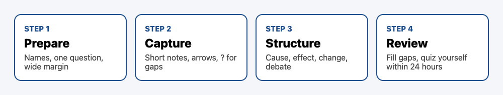 Diagram of the four note-taking steps: prepare, capture, structure and review