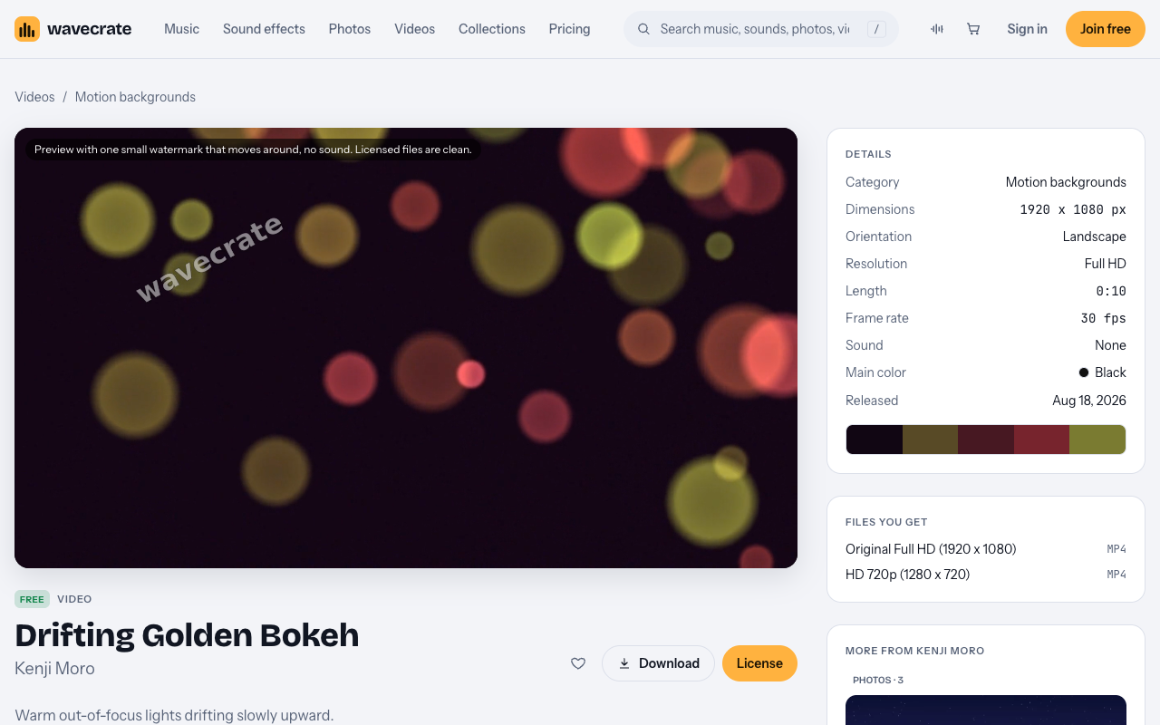 The Drifting Golden Bokeh page on Wavecrate, showing warm gold lights on a dark frame and its details