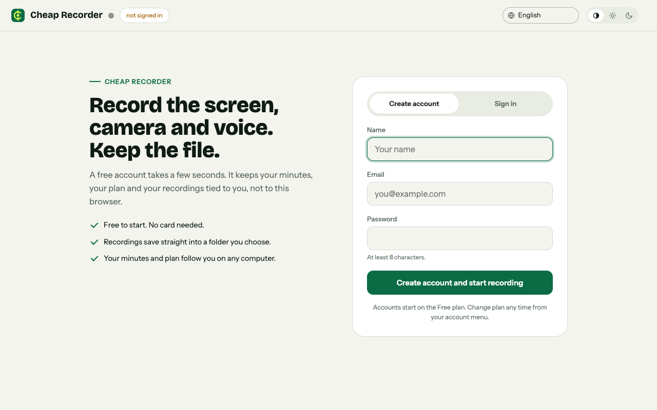 Cheap Recorder's sign-up page with the Create account form and the line Free to start, no card needed