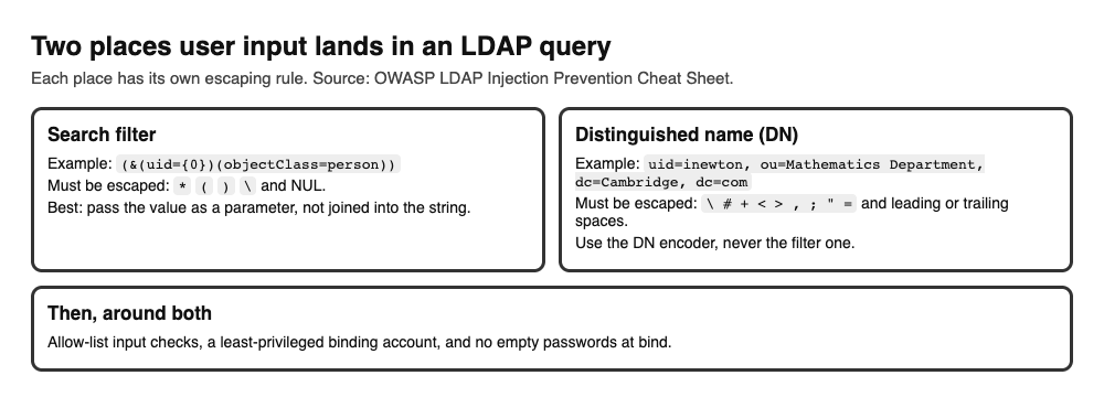 Two places user input lands in an LDAP query, the search filter and the distinguished name, each with its own characters to escape